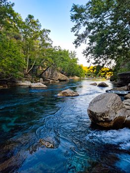 Tranquil river flowing through lush forest in Manavgat, Turkey. Perfect for nature lovers.