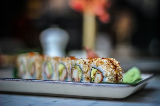 Close-up of delicious sushi rolls arranged on a ceramic plate, highlighting Japanese cuisine.