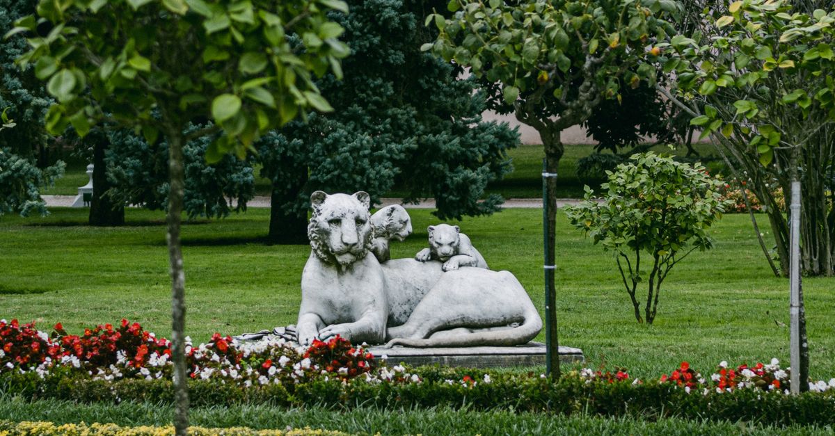 Elegant lioness sculpture amidst lush greenery in Dolmabahçe Palace gardens, Istanbul.