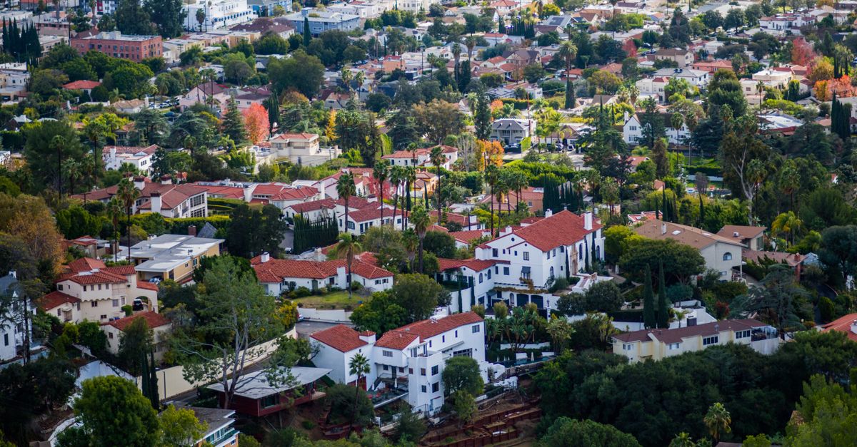 Discover the vibrant residential landscape of Los Angeles, CA from above.