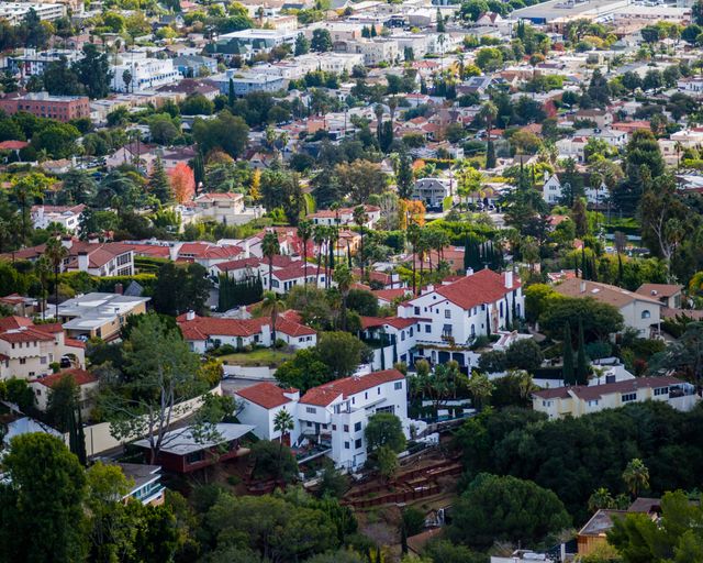 Los Angeles rooftops from above Bird's-eye view of rooftops across a residential area of Los Angeles