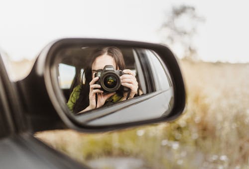Mirror Reflection of Woman Holding a Camera 