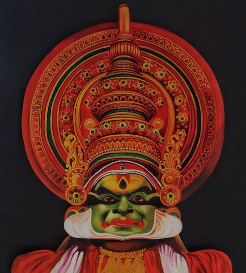 Free Detailed portrait of a traditional Kathakali mask, showcasing intricate design and vibrant colors. Stock Photo