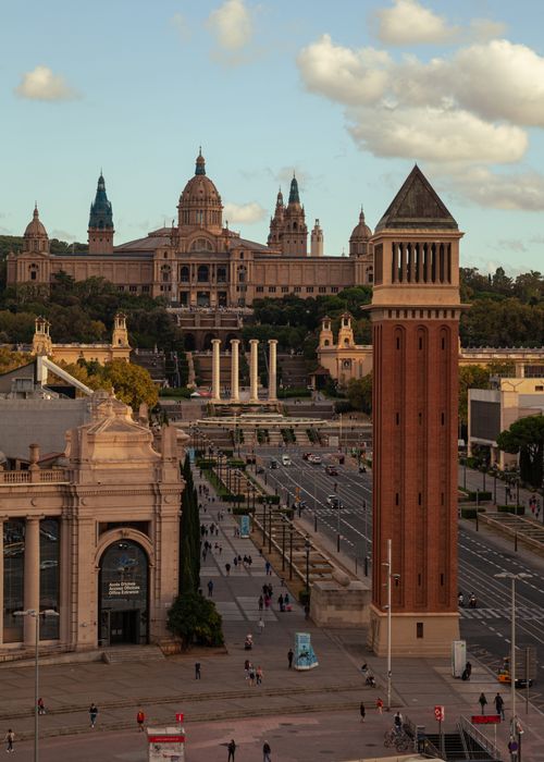 Free A stunning aerial view of Barcelona's Plaça d'Espanya featuring iconic architecture and vibrant streets. Stock Photo