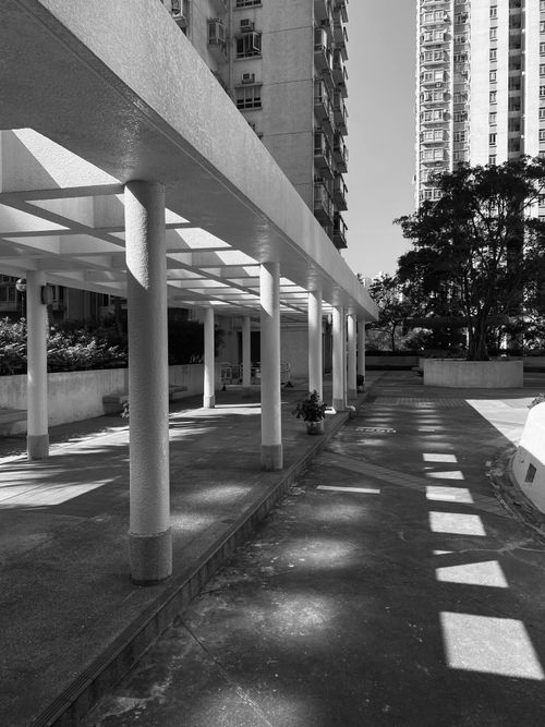 Free Black and white view of a modern urban walkway with geometric shadows and columns. Stock Photo