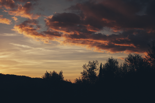 A stunning sunset sky with dramatic clouds and silhouetted trees creating a peaceful rural scene.