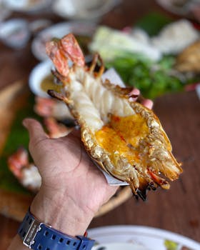Delicious grilled lobster held in hand, showcasing savory flavors and textures.