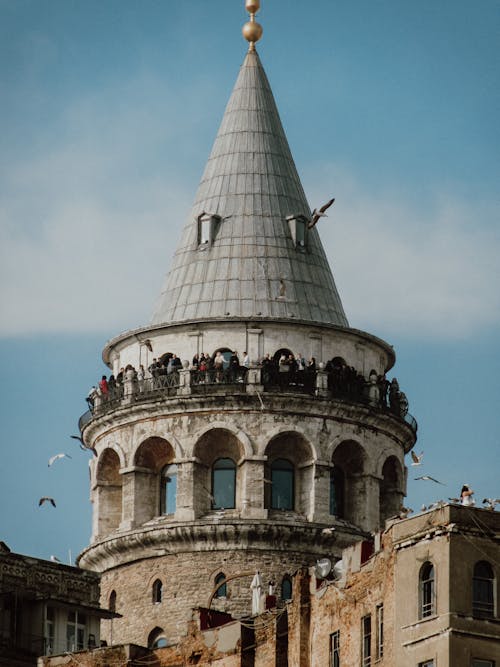 Free People at the Galata Tower Under the Blue Sky  Stock Photo