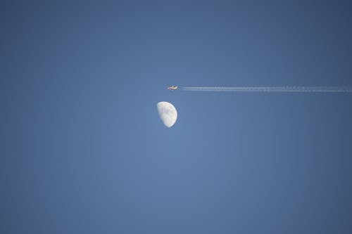 An Airplane on the Background of a Clear Blue Sky and the Moon
