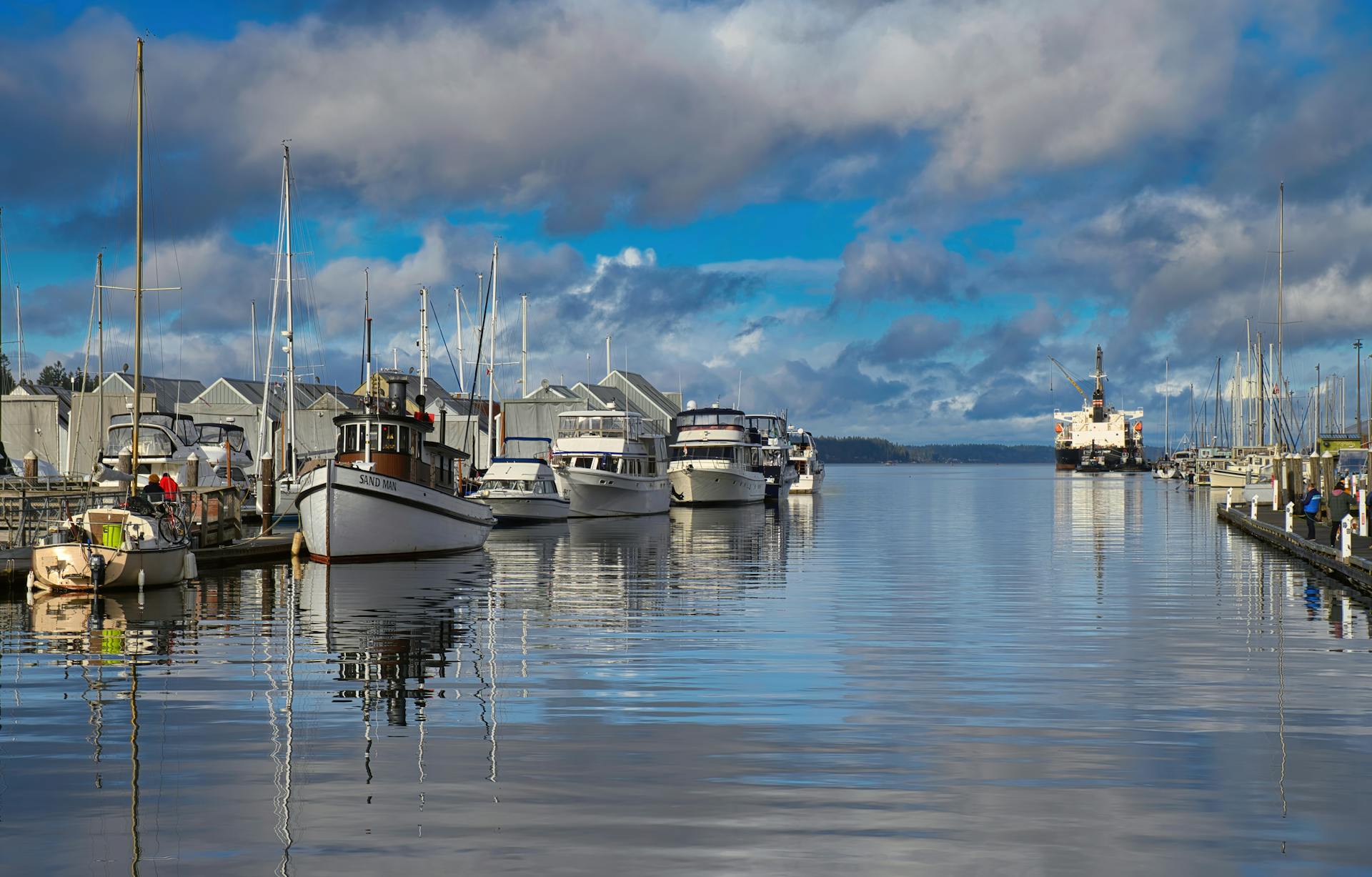 Beautiful capture of boats docked in Olympia Marina reflecting on calm waters under a blue sky.