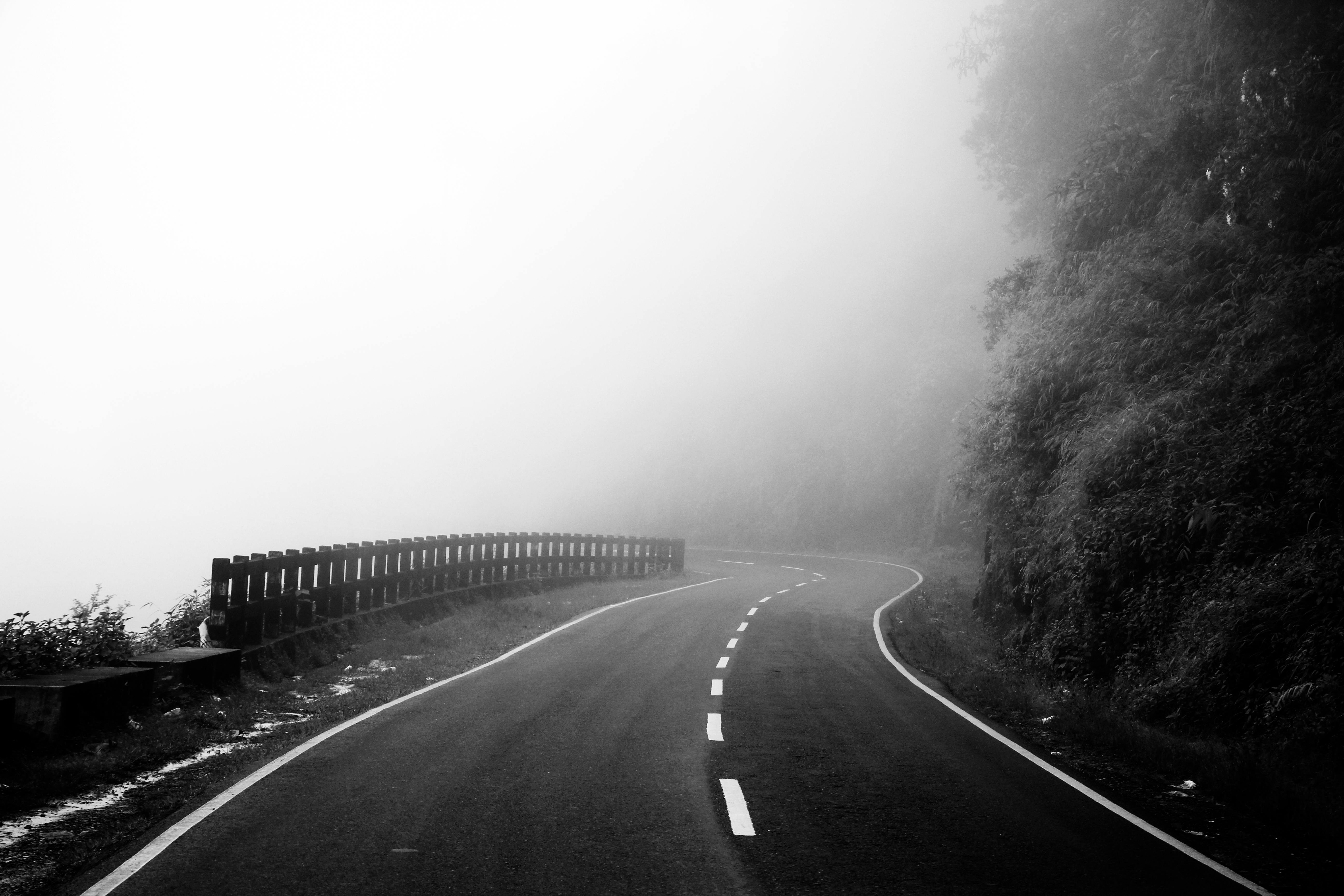 Free stock photo of black and white, cloud, curvy road