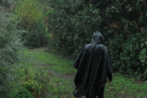 森の雨の中を歩くポンチョの男