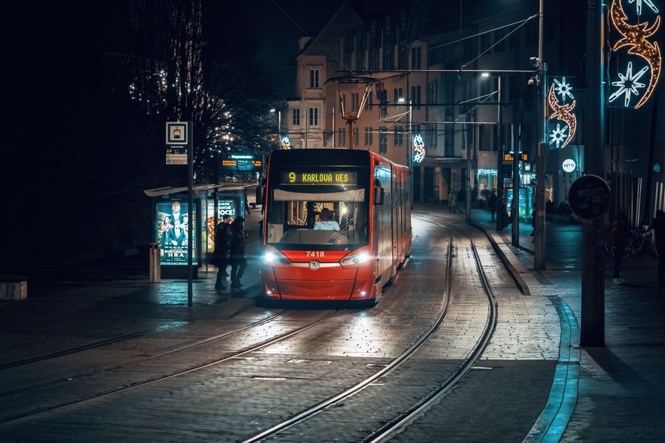 Modern tram in Bratislava, Slovakia, moving through a city street