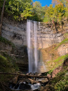 在郁郁葱葱的绿色植物中，感受安大略省汉密尔顿瀑布的宁静之美