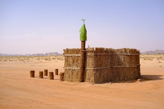 A straw hut in the AlUla desert, featuring minimalistic rural architecture and vast landscapes.