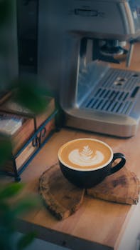 A delicious latte with intricate art served in a cozy indoor setting with espresso machine.