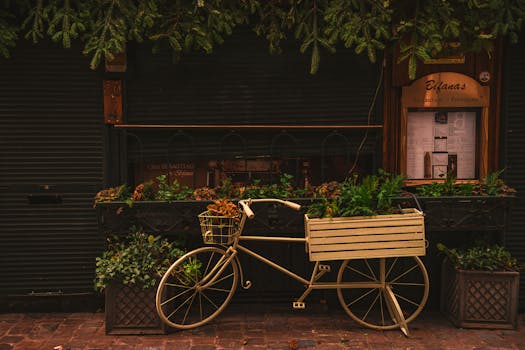 A quaint bicycle planter with greenery outside a Portuguese restaurant adds charm to a cobblestone street.