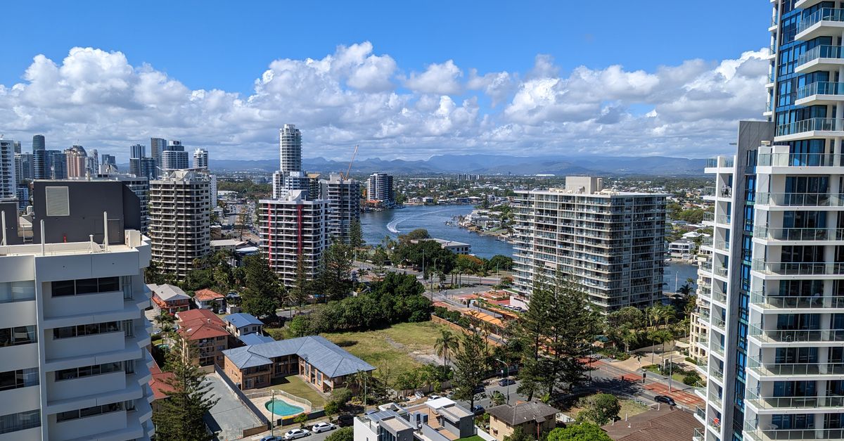 Stunning aerial view of modern skyline in Surfers Paradise, Queensland, Australia.