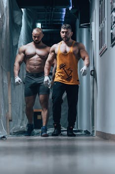 Two muscular men in a gym corridor, displaying strength and fitness, wearing athletic wear.