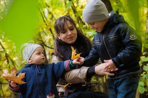 Twee Jongens En Vrouw Omgeven Groene Planten