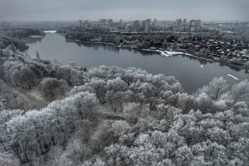 High Angle View of River and City in Winter 