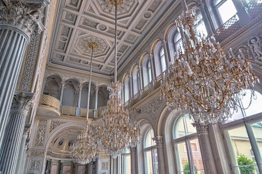 Stunning ornate interior of the Hermitage Pavilion in Saint Petersburg, showcasing opulent chandeliers and classic architecture.