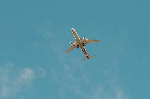 Low Angle Shot of an Airplane Under Blue Sky