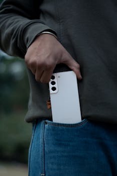 A close-up image of a person holding a smartphone in their pocket, showcasing casual fashion and technology.