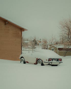 A classic car is covered in thick snow next to a wooden building in a peaceful winter setting.
