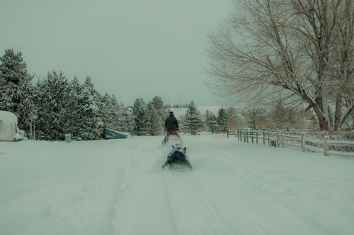 Free Rider on a snowmobile enjoying a winter adventure in a snowy rural landscape. Stock Photo