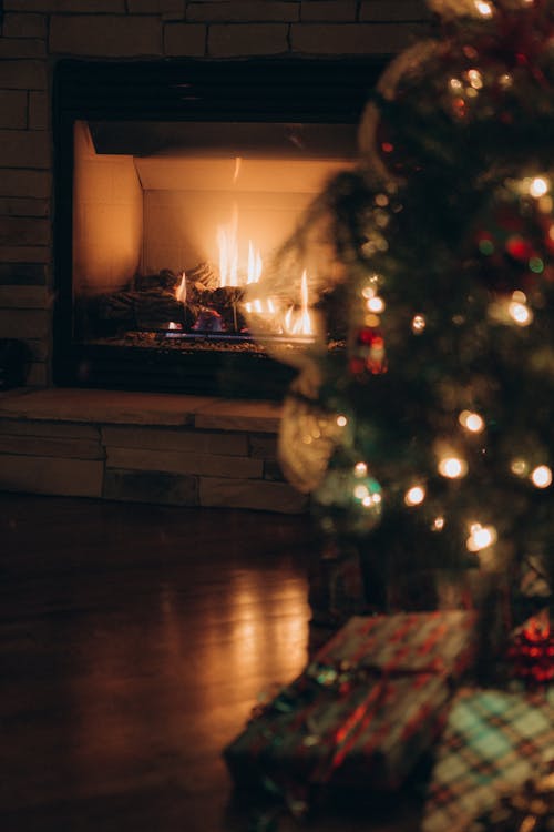 Selective View of Fireplace and a Christmas Tree 