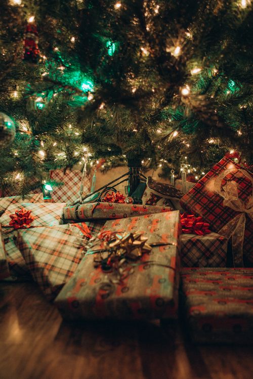 Free Cozy Christmas scene with wrapped gifts and twinkling lights beneath a festive tree. Stock Photo