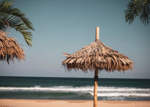 Free Serene beach scene in Gangwon-do, South Korea with straw umbrellas and palm leaves. Stock Photo