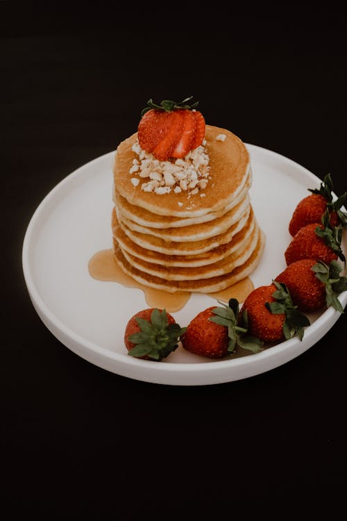 Free Pancakes with Fresh Strawberries Stock Photo