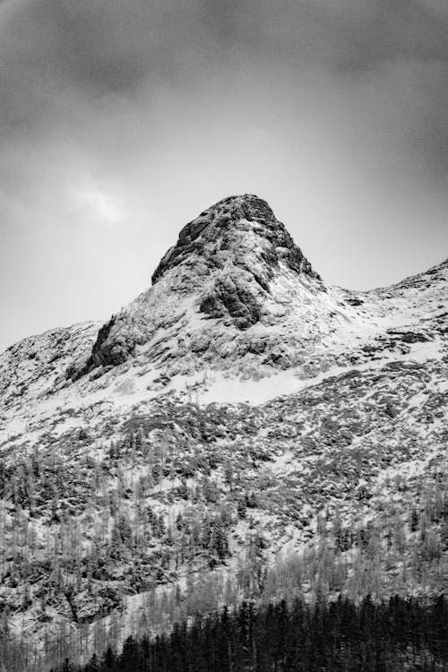 Grayscale Photo of a Mountain in Hallstatt, Austria