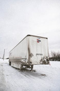 A large shipping container in a snowy winter landscape, with icy roads.