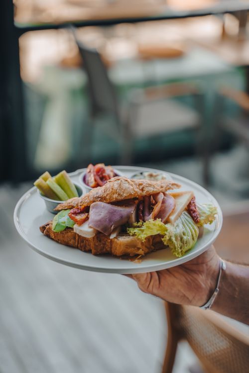Free Close-up of a gourmet sandwich with vegetables, held on a plate in an outdoor setting. Stock Photo