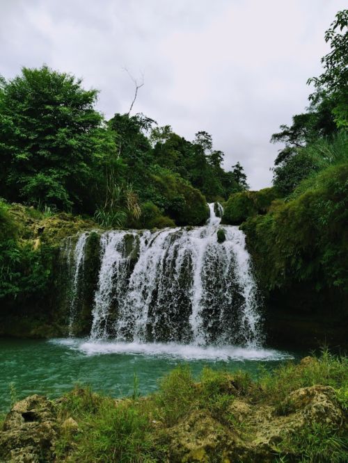 Free A serene waterfall cascading amidst vibrant green foliage, representing the beauty of nature. Stock Photo