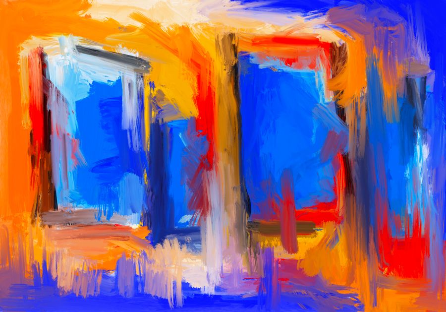 Abstract artwork featuring blue, orange and red
