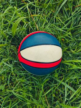 Vibrant basketball lying on fresh green grass, captured from above.