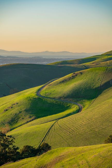 Scenic view of rolling green hills under a sunset sky, perfect for nature lovers.