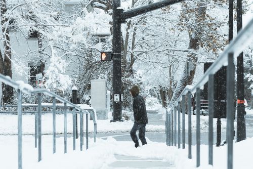 Free Man walking across a snowy crosswalk in an urban winter setting, highlighting the cold season. Stock Photo