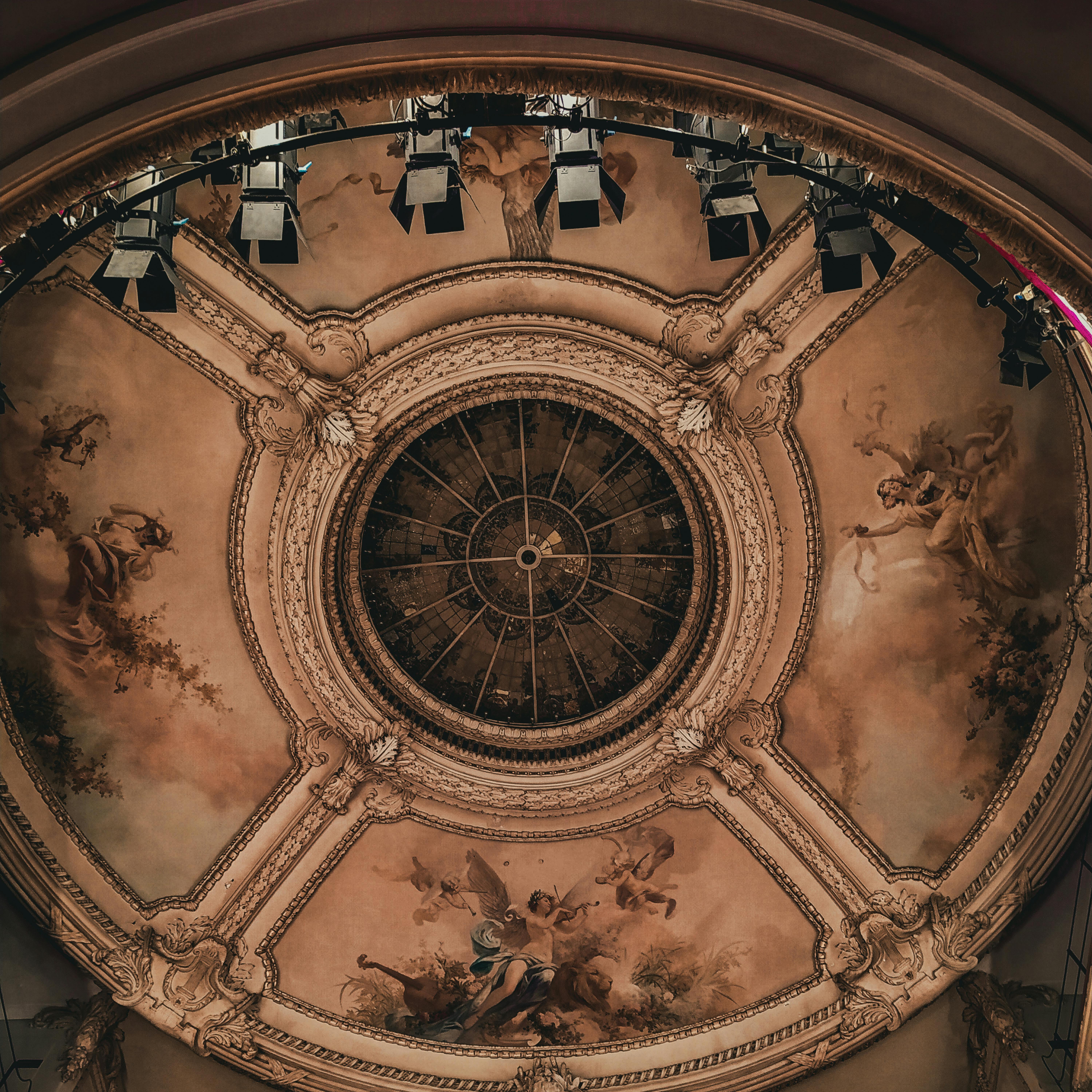 Free Intricate ornate ceiling with frescoes and a glass dome located in Oran, Algeria. Stock Photo