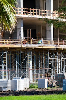 Construction workers on site with scaffolding and materials in sunlight.