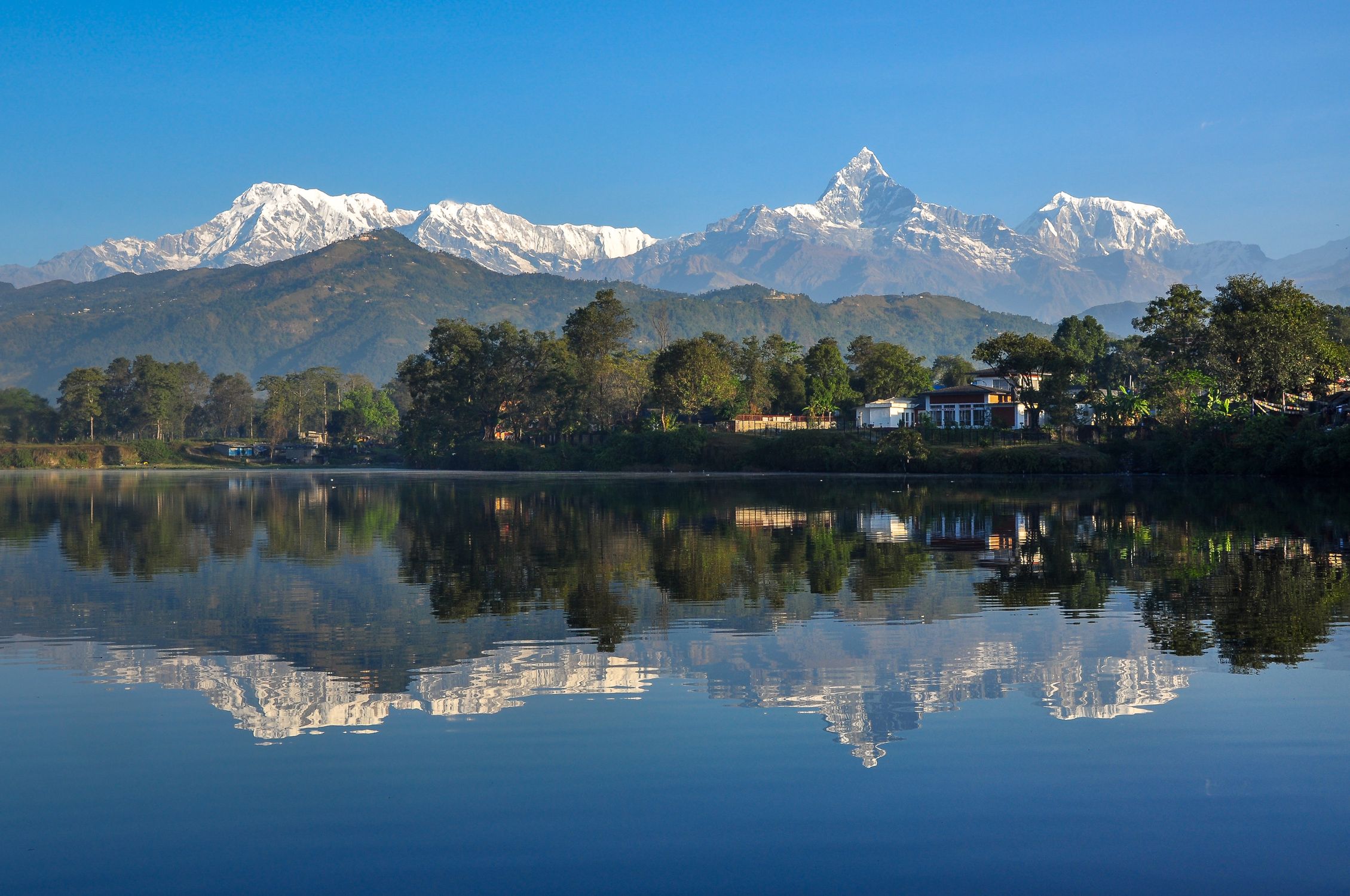 Stunning reflection of the Annapurna mountains in Phewa Lake, Pokhara, showcasing natural beauty.