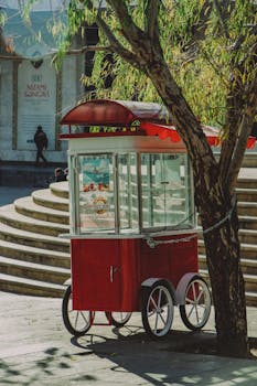 Vintage red street food cart under a tree by stone stairs in sunlight.