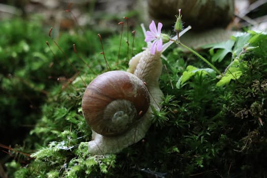 Detailed image of a snail on lush green moss next to a delicate pink flower in natural surroundings.