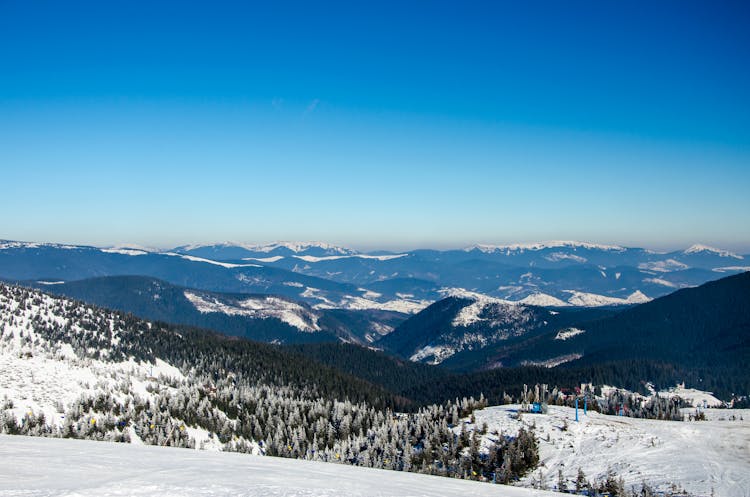 Aerial View Of Snow Covered Mountains And Ski Resort