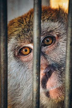 A detailed close-up of a monkey behind bars, highlighting its expressive eyes.