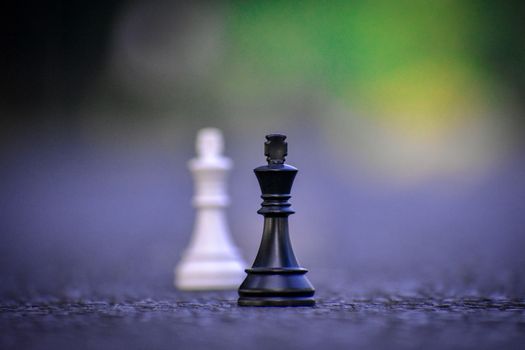Black and white chess pieces on a textured surface, artistically blurred background.